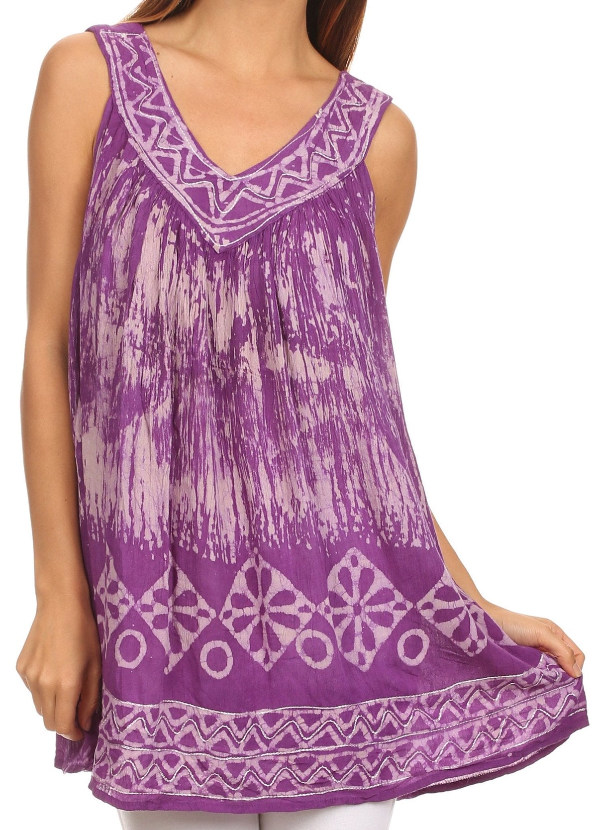 Sakkas Wanda May Embroidered Batik Scoop Neck Relaxed Fit Sleeveless Blouse