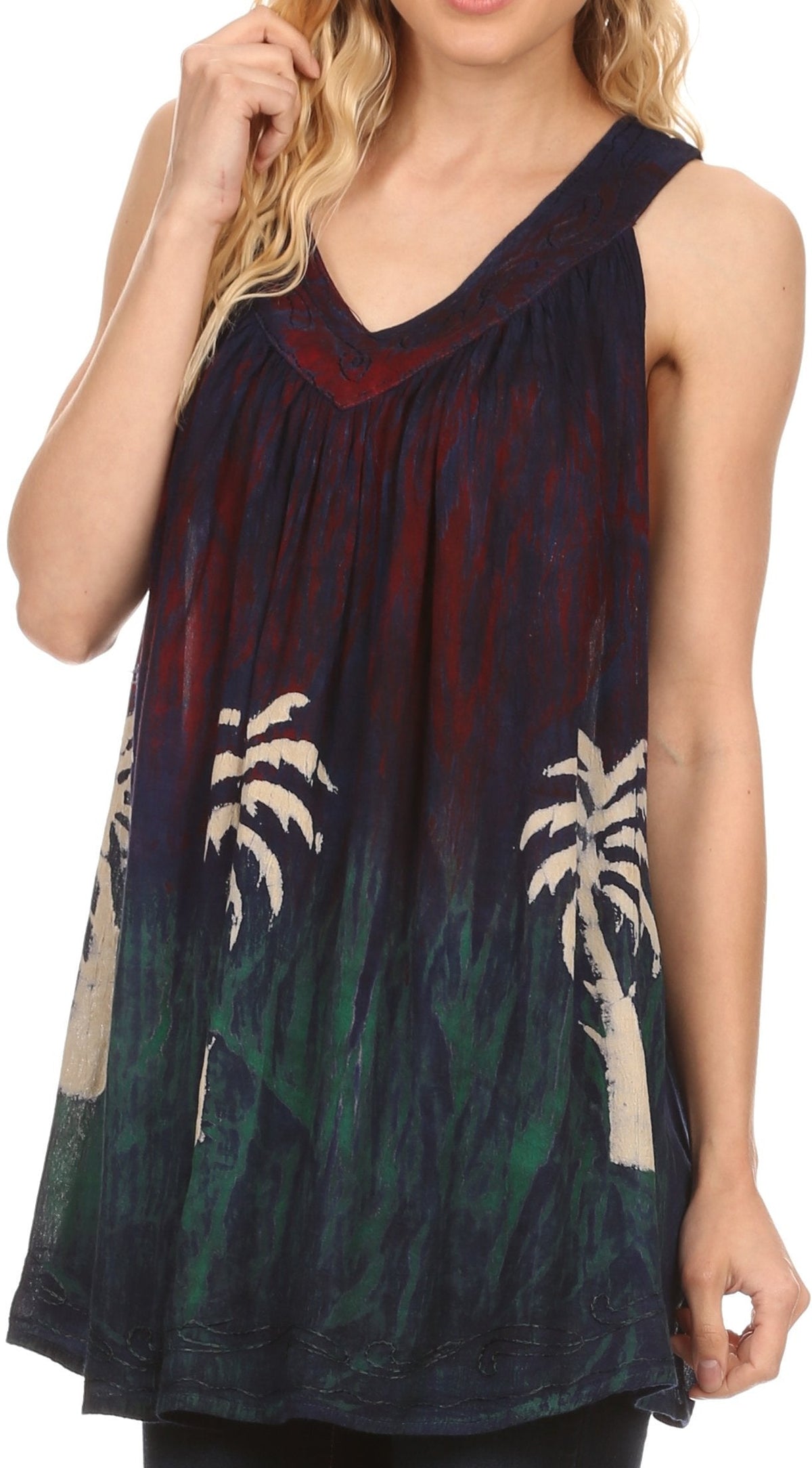 Sakkas Loonmiya Long Tall Embroidered Batik Sleeveless Tank Top Shirt Blouse Top