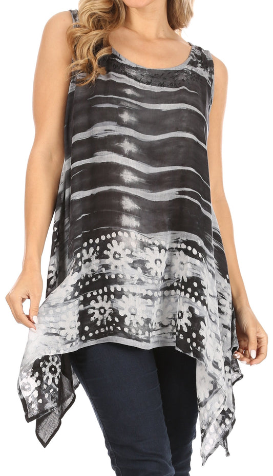 Sakkas Marin Blusa sin mangas casual holgada bohemia para mujer, tie-dye y batik