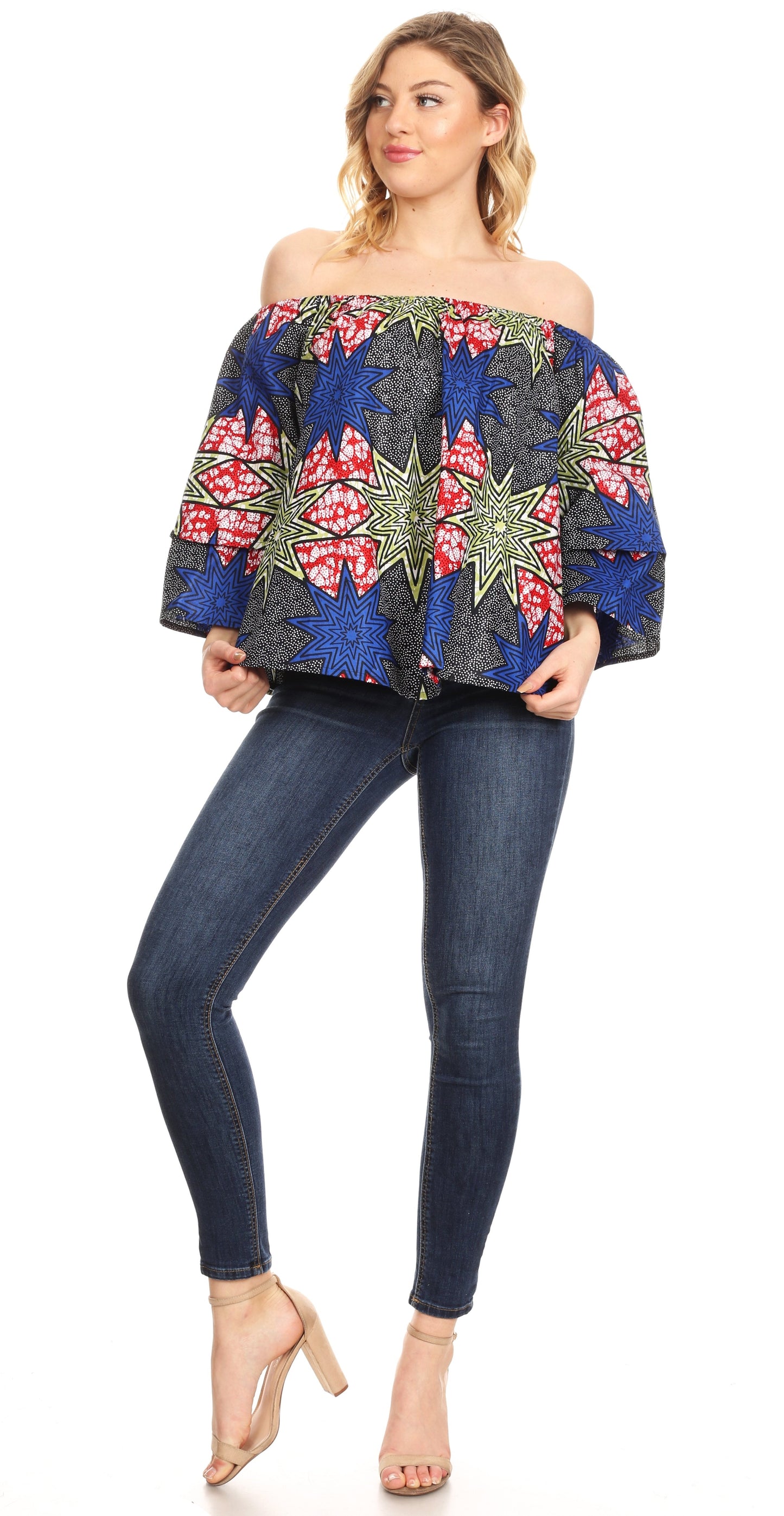 Sakkas Abree Off-shoulder Short Sleeve  Blouse Top Ankara Wax Dutch African Print