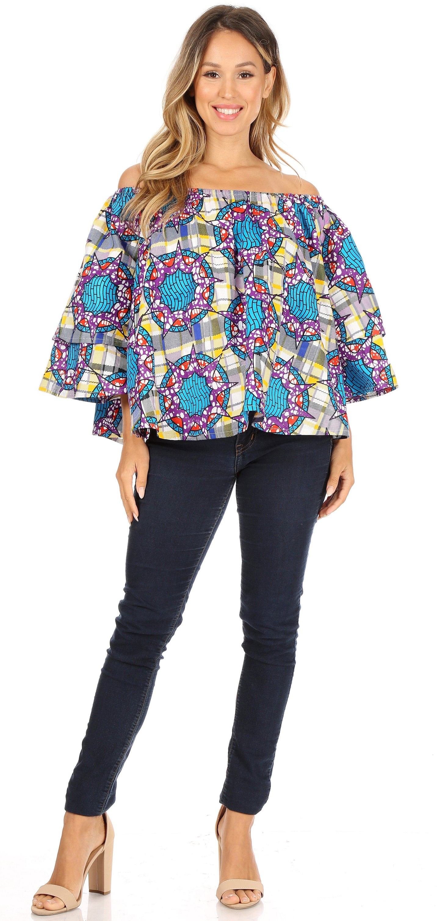 Sakkas Abree Off-shoulder Short Sleeve  Blouse Top Ankara Wax Dutch African Print