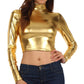 Sakkas Metallic Liquid Mock Neck Turtleneck Long Sleeve Crop Top - Made in USA