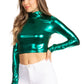 Sakkas Metallic Liquid Mock Neck Turtleneck Long Sleeve Crop Top - Made in USA