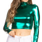 Sakkas Metallic Liquid Mock Neck Turtleneck Long Sleeve Crop Top - Made in USA