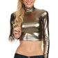 Sakkas Metallic Liquid Mock Neck Turtleneck Long Sleeve Crop Top - Made in USA