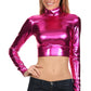 Sakkas Metallic Liquid Mock Neck Turtleneck Long Sleeve Crop Top - Made in USA