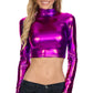 Sakkas Metallic Liquid Mock Neck Turtleneck Long Sleeve Crop Top - Made in USA