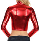 Sakkas Metallic Liquid Mock Neck Turtleneck Long Sleeve Crop Top - Made in USA