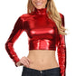 Sakkas Metallic Liquid Mock Neck Turtleneck Long Sleeve Crop Top - Made in USA