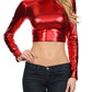 Sakkas Metallic Liquid Mock Neck Turtleneck Long Sleeve Crop Top - Made in USA