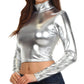 Sakkas Metallic Liquid Mock Neck Turtleneck Long Sleeve Crop Top - Made in USA