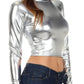 Sakkas Metallic Liquid Mock Neck Turtleneck Long Sleeve Crop Top - Made in USA