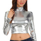 Sakkas Metallic Liquid Mock Neck Turtleneck Long Sleeve Crop Top - Made in USA