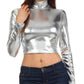 Sakkas Metallic Liquid Mock Neck Turtleneck Long Sleeve Crop Top - Made in USA