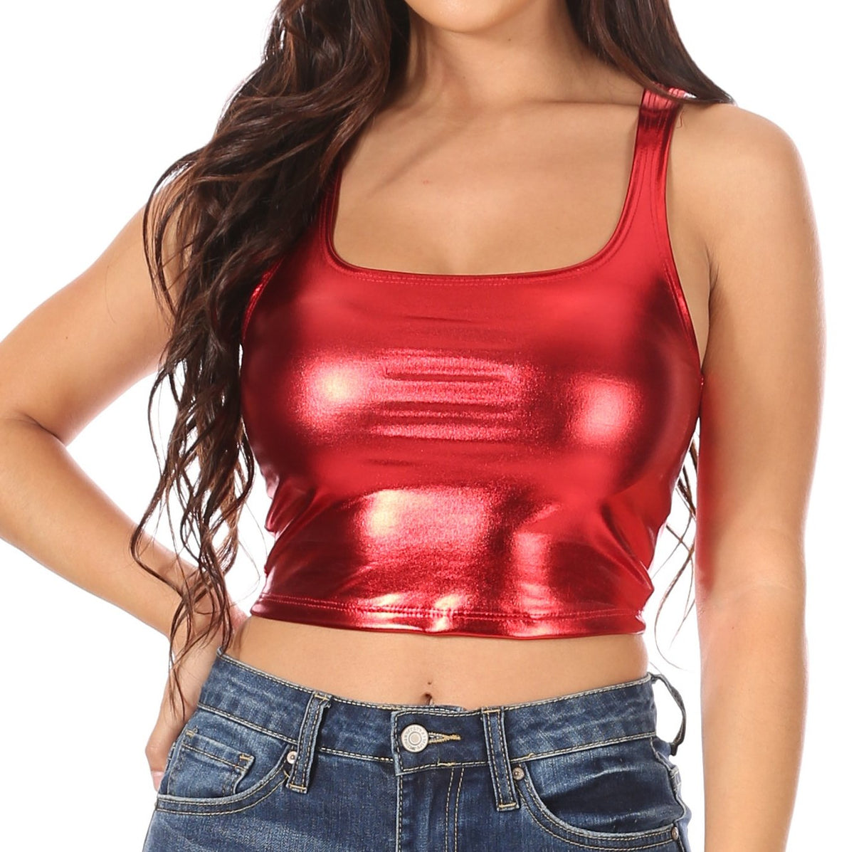 Sakkas Top Corto sin Mangas Elástico Líquido Metálico de Club para Mujer Hecho en EE. UU.