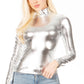 Sakkas Metallic Liquid Mock Neck Turtleneck Long Sleeve Top - Made in USA