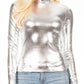 Sakkas Metallic Liquid Mock Neck Turtleneck Long Sleeve Top - Made in USA