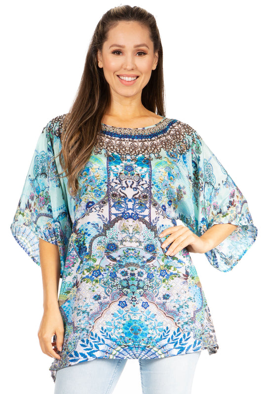 Blusa floral Sakkas Marina para mujer - Túnica de manga corta