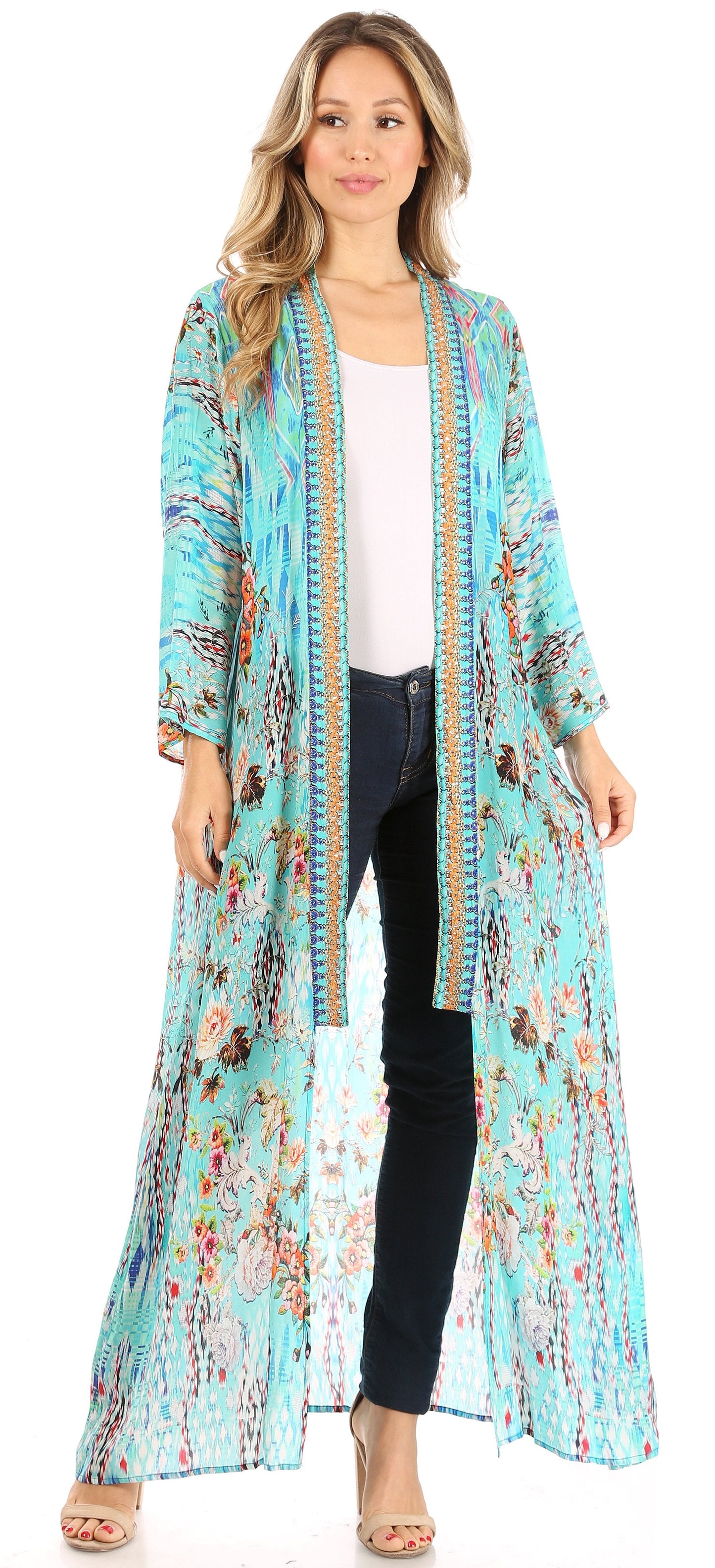 Sakkas Iona Women's Casual Boho Long Kimono Cardigan Open Front Floral Print Loose