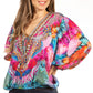 Women's Boho Floral Tunic Top with V-Neck and Elastic Sleeves by Sakkas Sante
