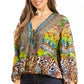 Women's Boho Floral Tunic Top with V-Neck and Elastic Sleeves by Sakkas Sante