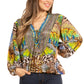 Women's Boho Floral Tunic Top with V-Neck and Elastic Sleeves by Sakkas Sante