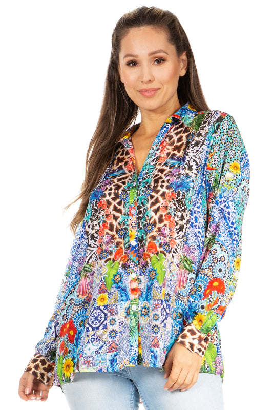 Blusa Sakkas Iriss para mujer, floral, informal, de manga larga, estilo bohemio de verano