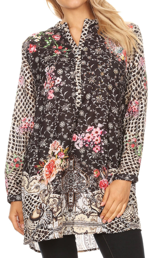 Sakkas Manu Blusa de manga larga con cuello mandarín para mujer, ligera con diamantes de imitación