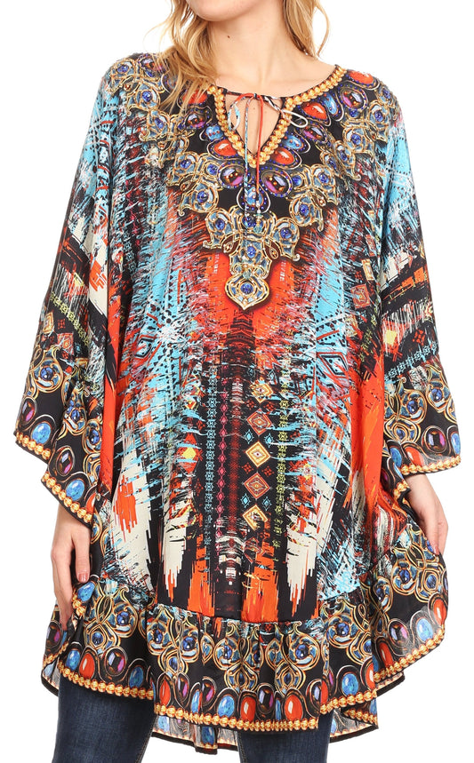 Sakkas Delu Blusas para mujer, cuello en V, holgadas, tipo túnica con volantes y pedrería