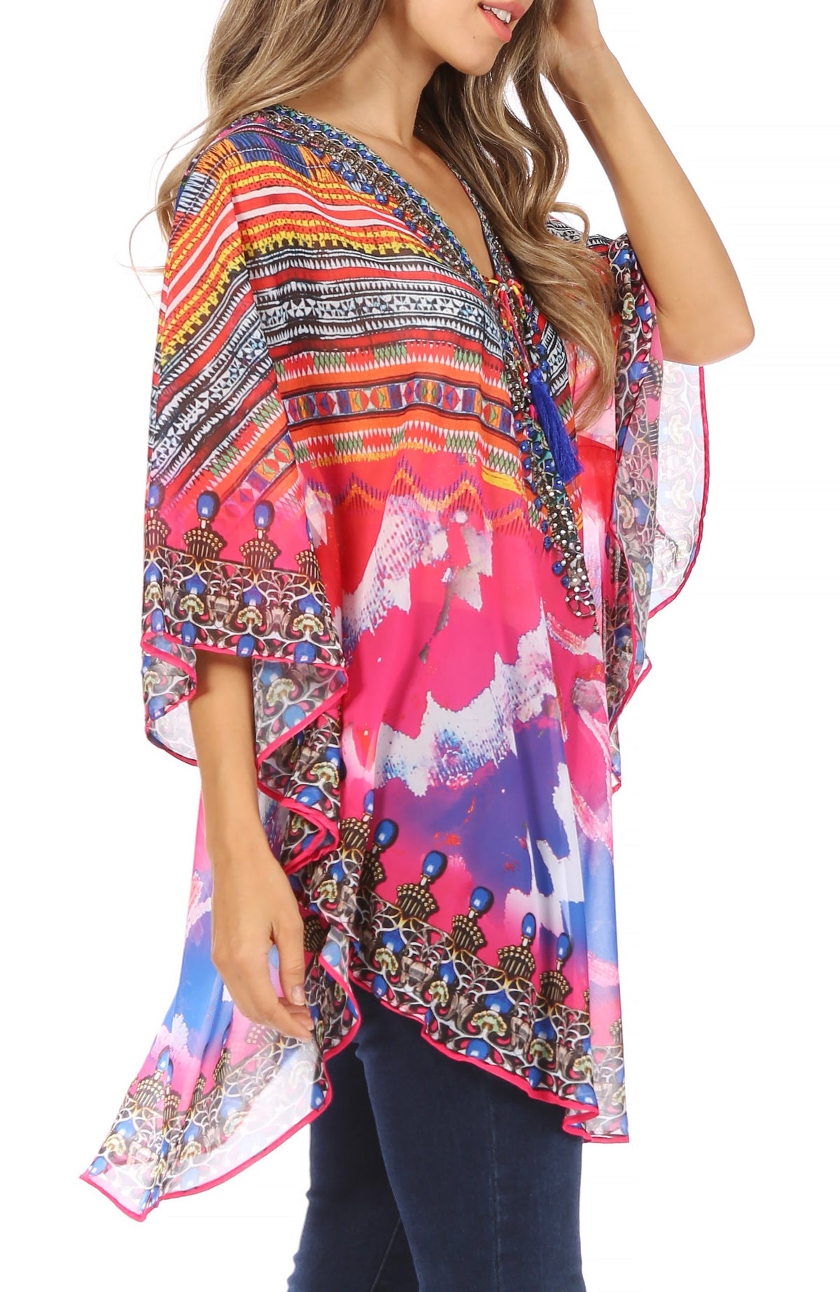 Sakkas Sloane Women's Printed V Neck Loose Fit Casual Circle Top Blouse with Ties