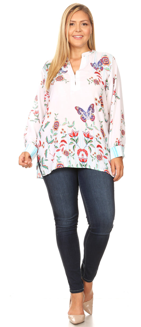 Sakkas Fara - Blusa/Túnica Casual de Manga Larga, Ligera, Estampado Floral para Mujer
