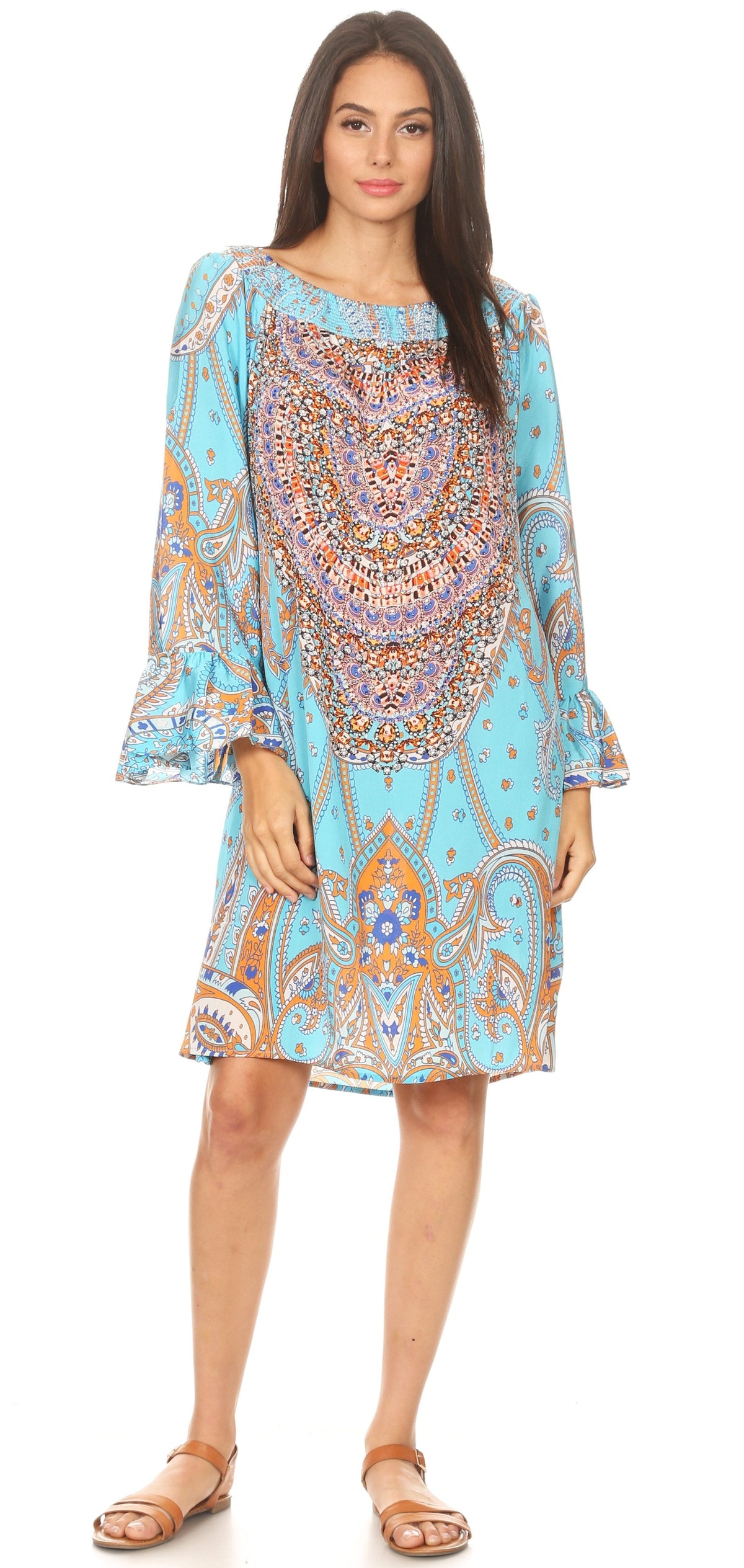 Sakkas Riza Women's Off Shoulder Long Sleeve Tunic Shirt Short Dress with Print