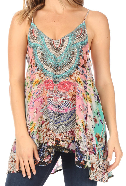 Sakkas Bette Camiseta sin mangas informal bohemia para mujer con estampado suelto y tirantes finos