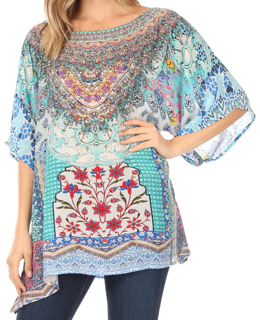 Sakkas Ella Blusa Boho Túnica de Manga Corta Ancha con Estampado de Moda Casual para Mujer