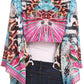 Sakkas Amita Printed Embellished Kaftan Front Tie Kimono Sleeve Crop Top Shrug