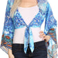Sakkas Amita Printed Embellished Kaftan Front Tie Kimono Sleeve Crop Top Shrug