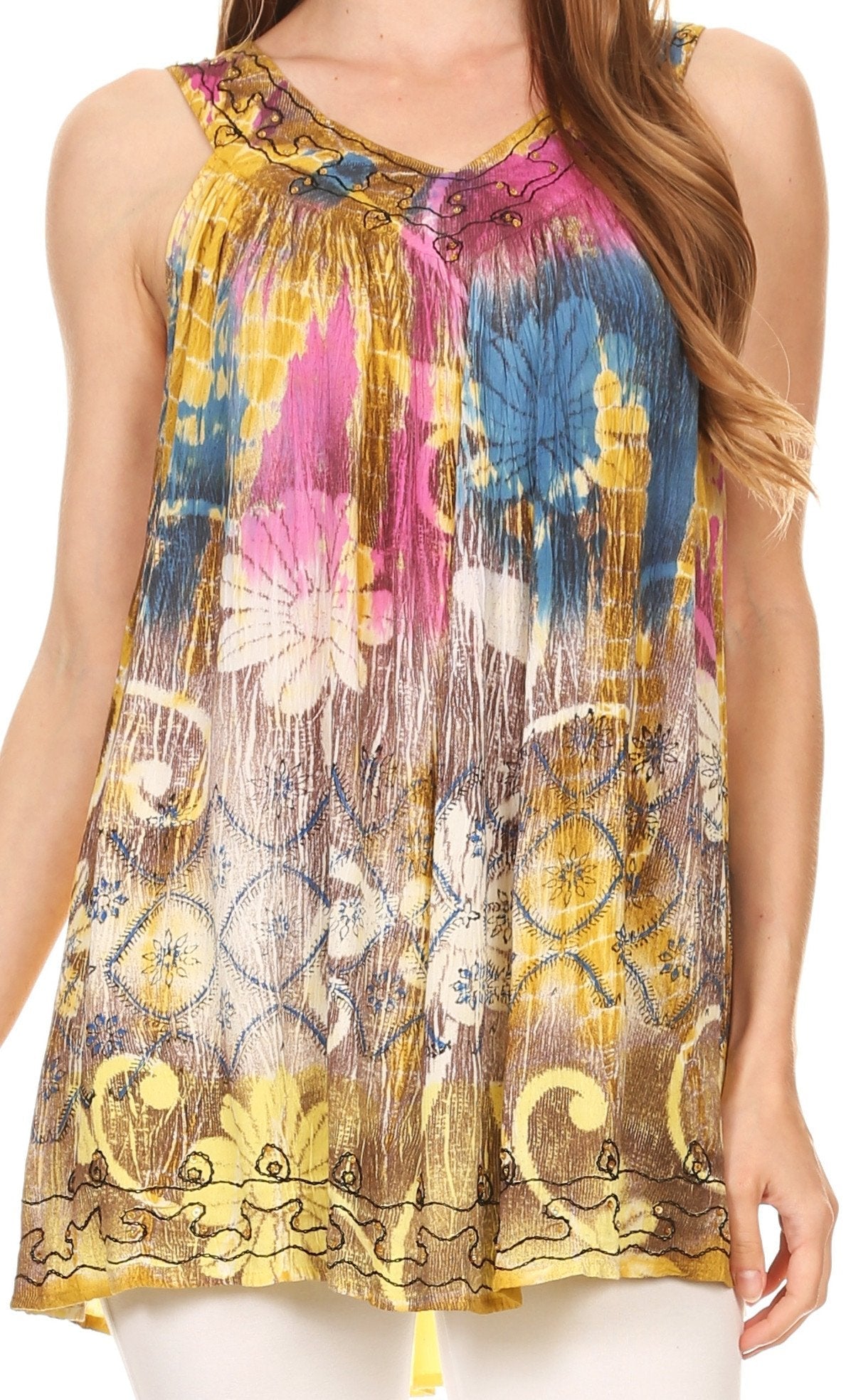 Camiseta sin mangas Batik Tie Dye Sakkas Melanie con lentejuelas y bordados