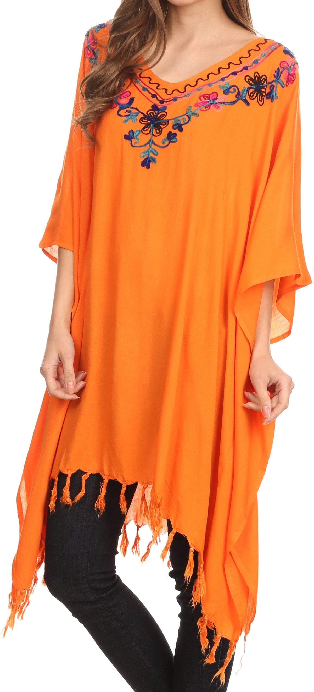 Sakkas  Ballary Embroidered Square Poncho Top Open Sleeves Cover Up With Fringe