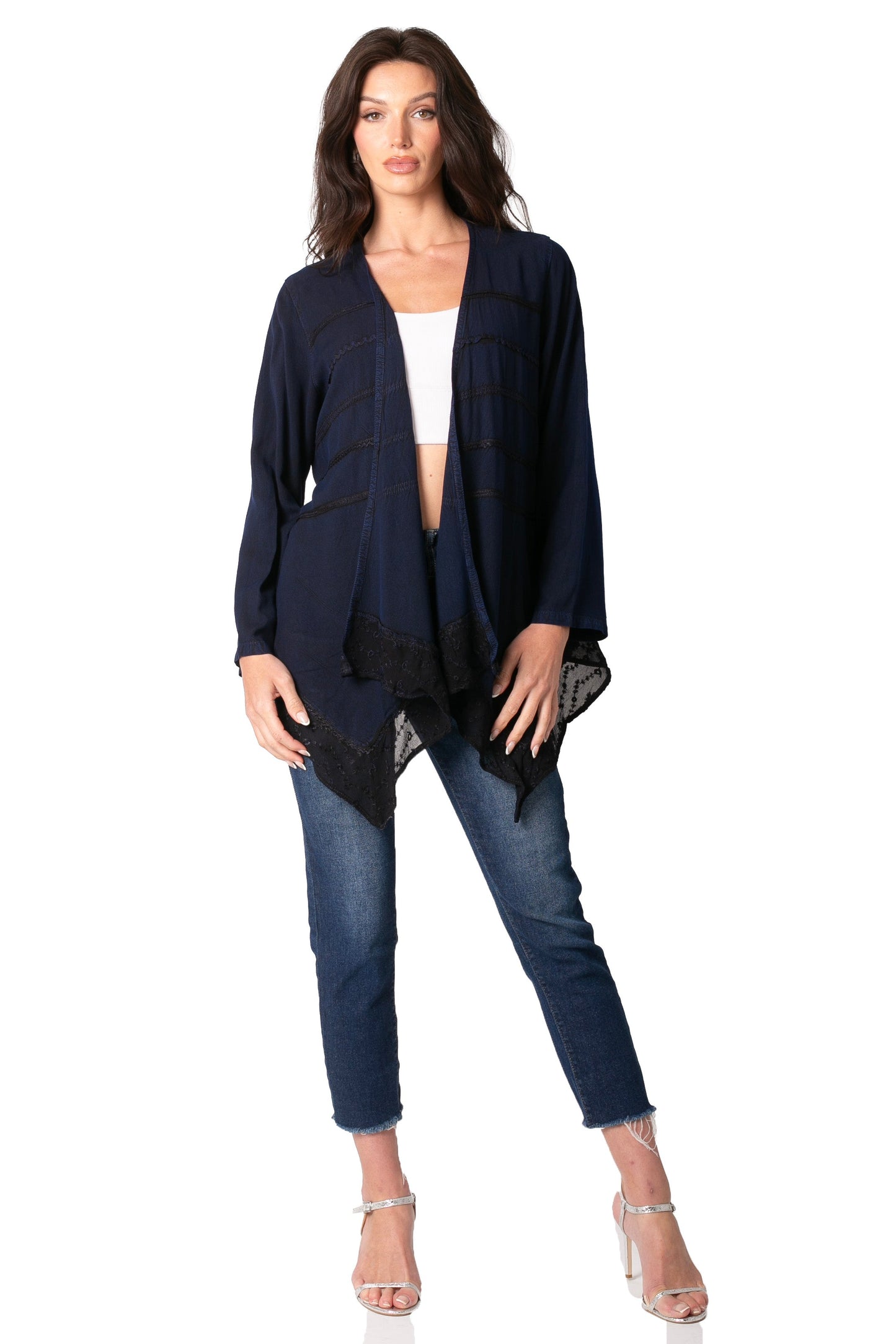 Sakkas Isenia Cardigan Open Front Kimono Long Sleeve Embroidered Top Blouse Lace