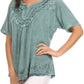 Sakkas Isabeli Leaf Embroidered Blouse Top Shirt With Cap Sleeves And Wide Neck