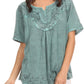 Sakkas Isabeli Leaf Embroidered Blouse Top Shirt With Cap Sleeves And Wide Neck