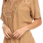 Sakkas Isabeli Leaf Embroidered Blouse Top Shirt With Cap Sleeves And Wide Neck