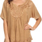 Sakkas Isabeli Leaf Embroidered Blouse Top Shirt With Cap Sleeves And Wide Neck