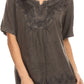 Sakkas Isabeli Leaf Embroidered Blouse Top Shirt With Cap Sleeves And Wide Neck