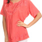 Sakkas Isabeli Leaf Embroidered Blouse Top Shirt With Cap Sleeves And Wide Neck
