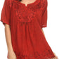 Sakkas Isabeli Leaf Embroidered Blouse Top Shirt With Cap Sleeves And Wide Neck
