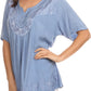 Sakkas Isabeli Leaf Embroidered Blouse Top Shirt With Cap Sleeves And Wide Neck