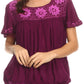 Sakkas Alexi Wide Floral Embroidered Blouse Shirt Top With Wide Neck Cap Sleeves