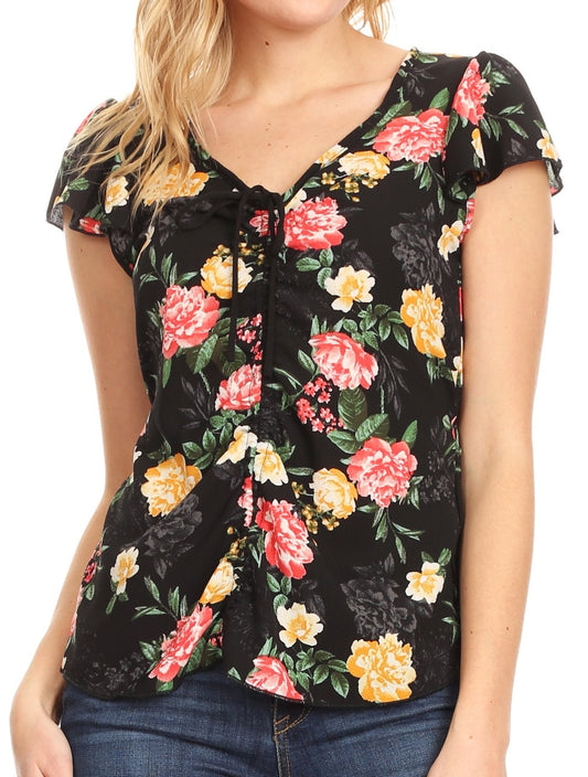 Sakkas Ain Blusa de mujer de manga corta, cuello en V, estampado floral con lazos