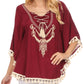 Sakkas Moonla Wide Embroidered Tassel Neck Closure Poncho Tunic Blouse Shirt Top